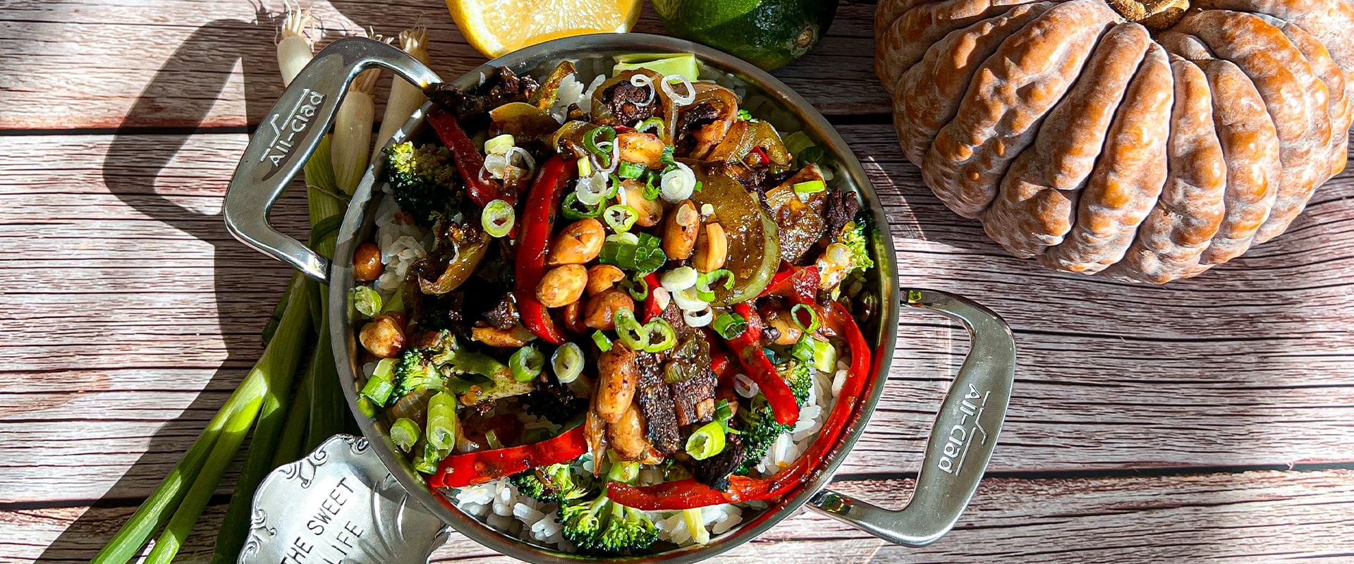 Jerk Pork Tenderloin StirFry with White Rice and Steamed Broccoli